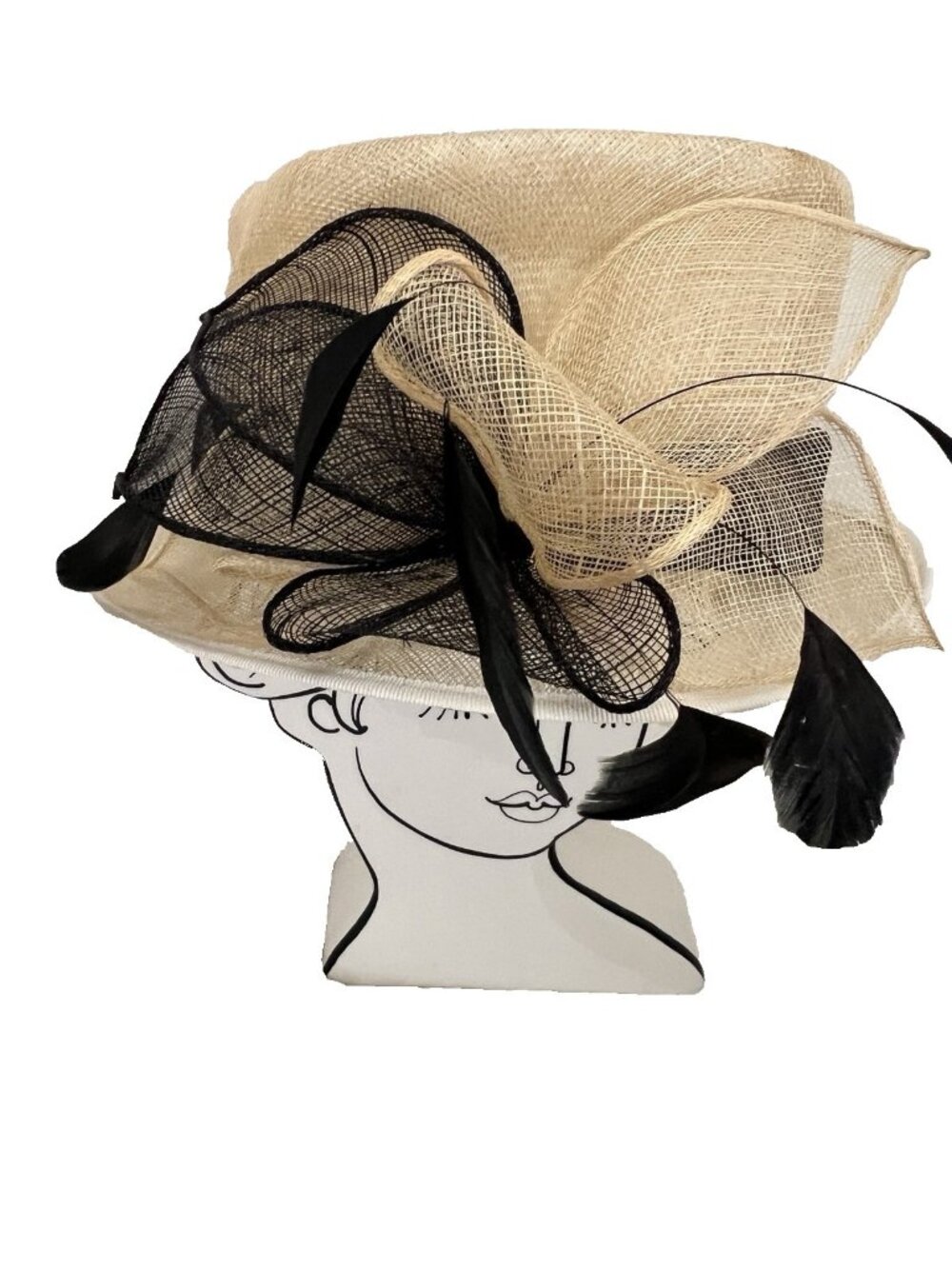 Fashion Derby Hat Cream Black Feather Bow Wedding Cocktail Party Accessorize